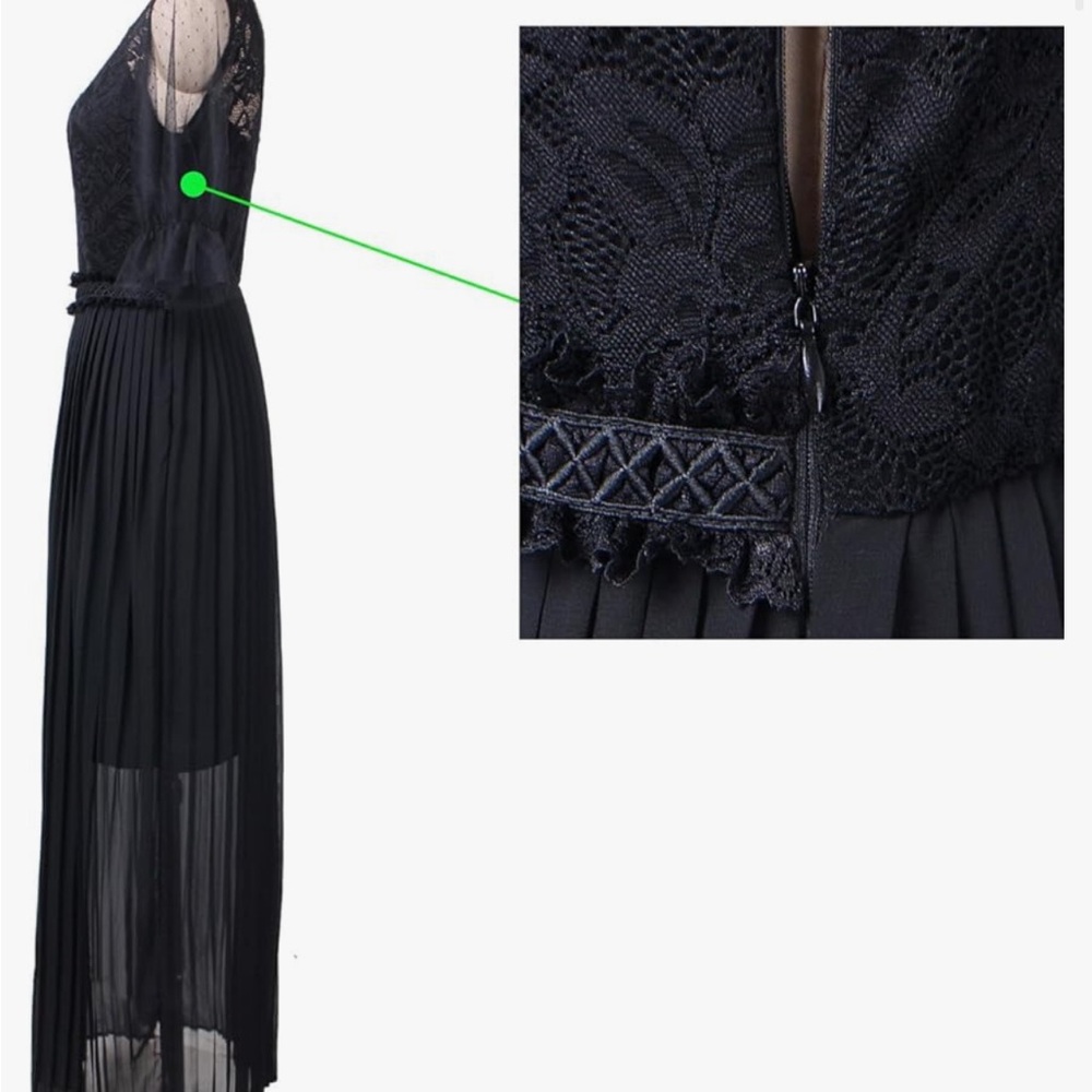 Pleated Lace Chiffon Formal Evening Casual Maxi A-Line black Dress - Picture 15 of 15